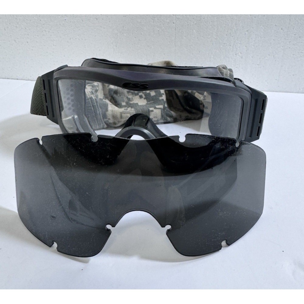 ESS Profile NVG Tactical Goggles Black Frame Clear Smoke Lenses ACU Camo Sleeve